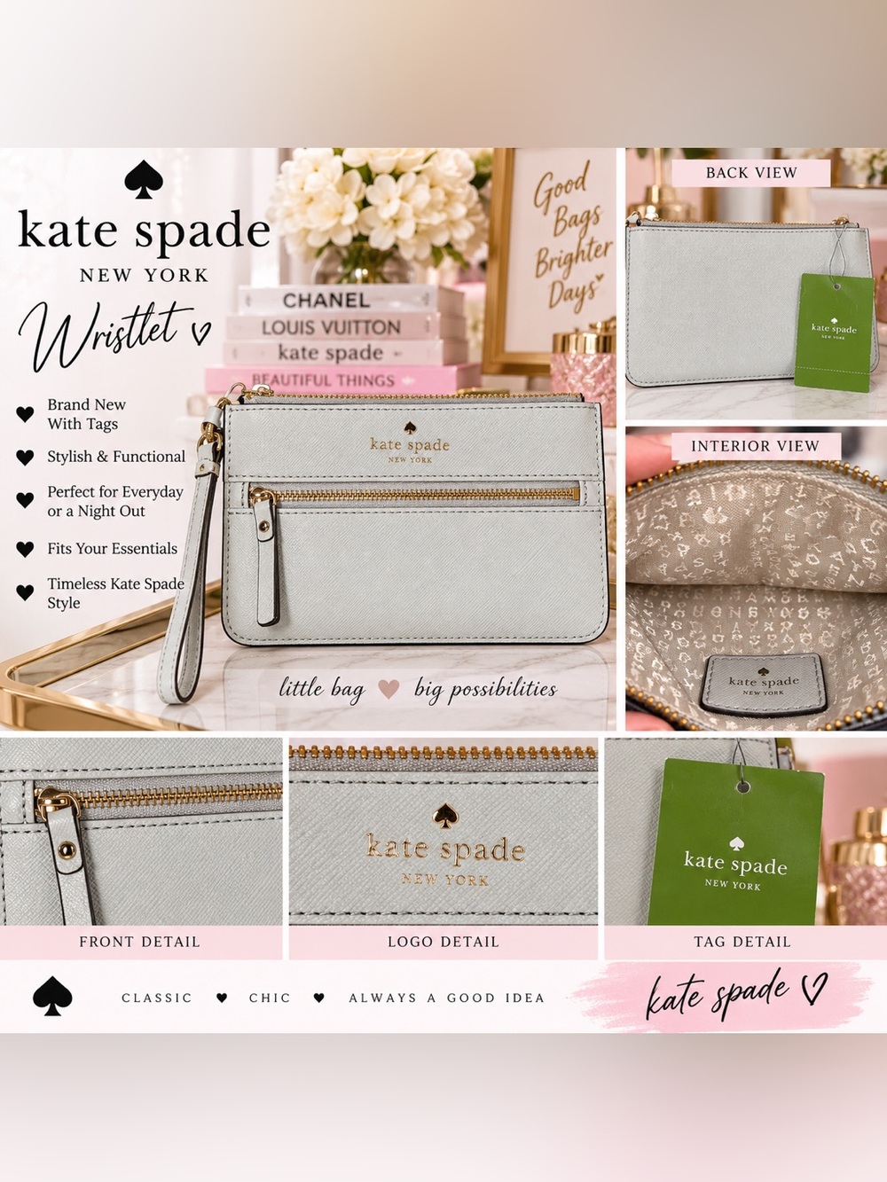 kate spade Light Gray Saffiano Wristlet with Gold Hardware